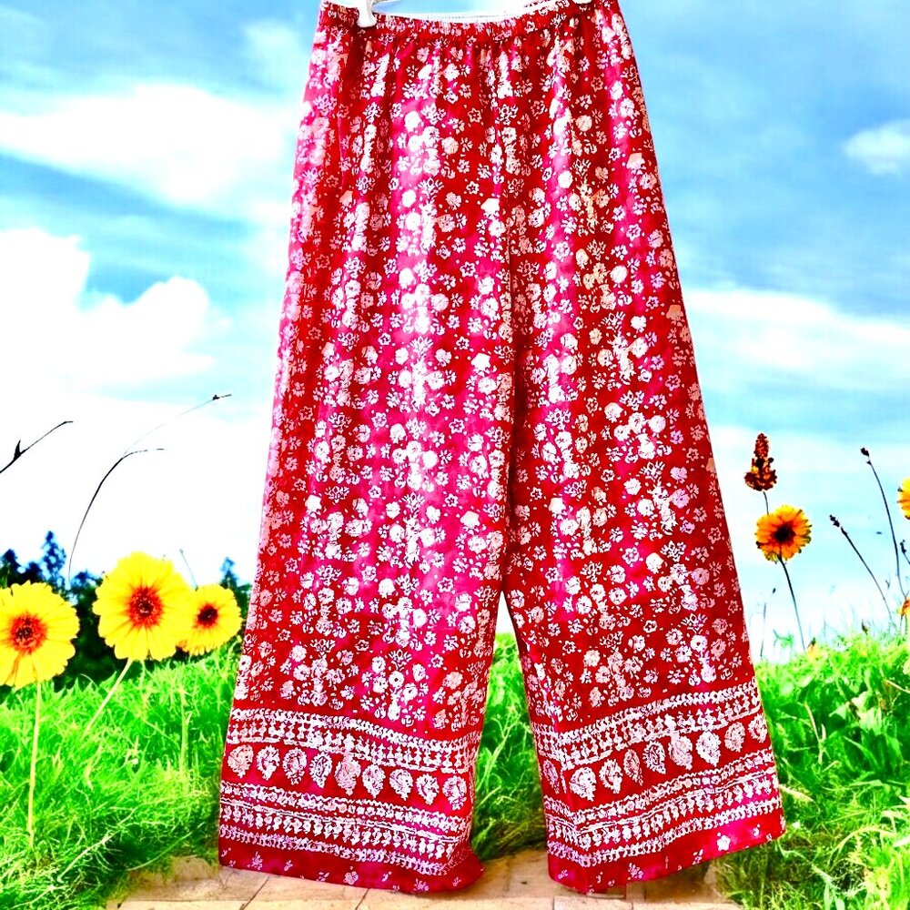 NATORI II Sheer Lounge Pajama Pants Wide Leg Floral Print Red & White
